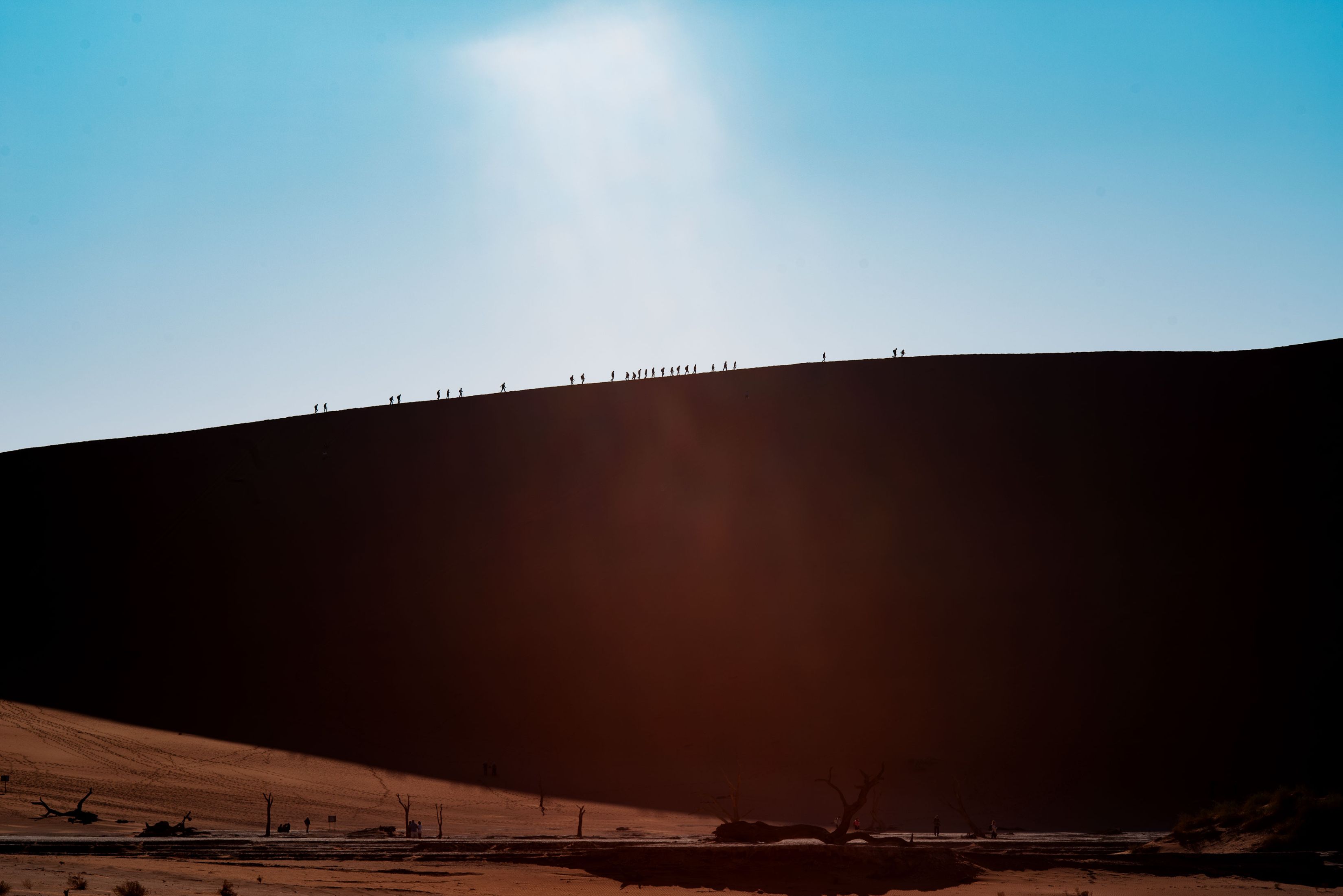 Das Bild ist vom Deadvlei aus Richtung Big Daddy, der grössten Düne in Sesriem, aufgenommen. Es ist früher morgen – die Sonne ist knapp aufgegangen. Auf dem Kamm der Big Daddy-Düne sieht man im Gegenlicht die Silhoutten von gut zwei Dutzen Toursiten, die hintereinander die Düne erklimmen.